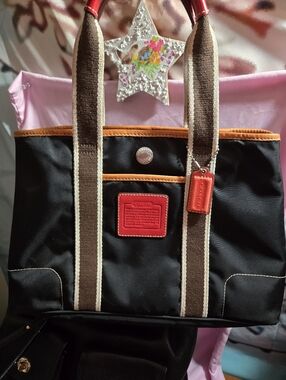 Coach Black Nylon Tote with Brown Straps, Red Accents and Tan Trim